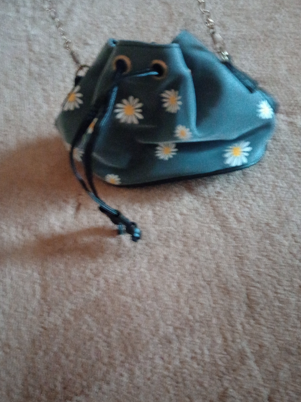 Daisy Print Drawstring Shoulder Bag - Teal